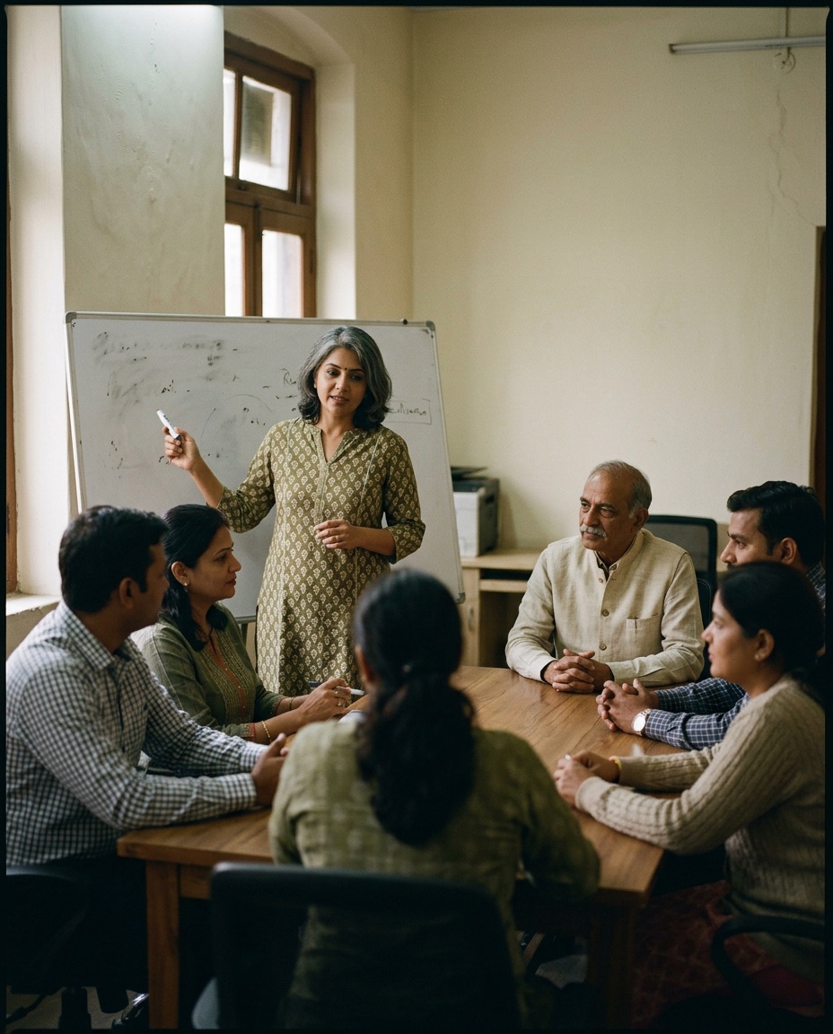 A second-line manager runs the meeting while the owner observes: the handover in progress