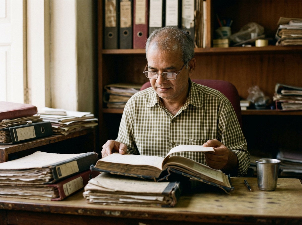 An owner at his desk, reading old ledgers